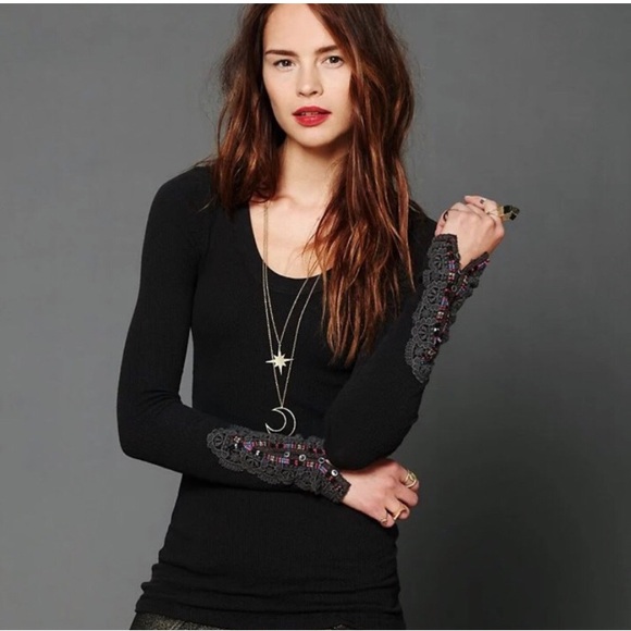 Free People RARE Black Fiesta Cuff Thermal Top XS - Picture 1 of 14